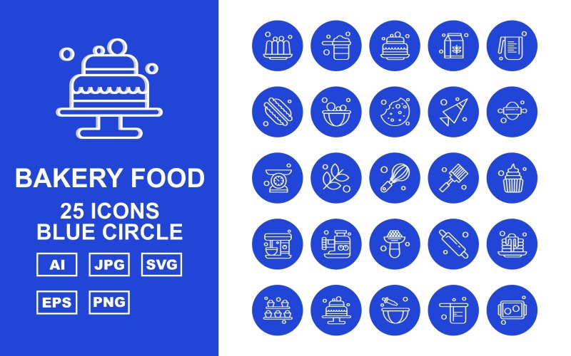 Download Набор иконок "25 Premium Bakery Food Blue Circle Icon Pack Set" / 25 Premium Bakery Food Blue Circle Icon Pack Set - Набор иконок на тему food cake,flower,rolling,pie,beater,pan,tray,pancake,milkpak,water jug,baguette,bowl,biscuit,cone,weighing machine,whisk,spatula,dessert,icon,icons