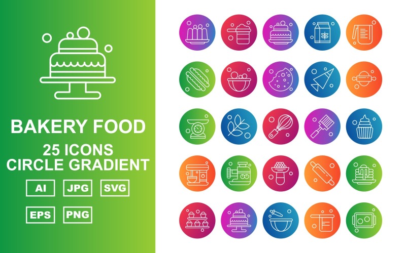 Download Набор иконок "25 Premium Bakery Food Circle Gradient Icon Pack Set" / 25 Premium Bakery Food Circle Gradient Icon Pack Set - Набор иконок на тему food cake,flower,rolling,pie,beater,pan,tray,pancake,milkpak,water jug,baguette,bowl,biscuit,cone,weighing machine,whisk,spatula,dessert,icon,icons
