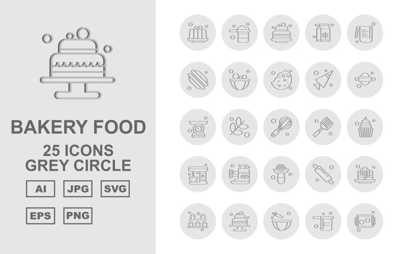 Download Набор иконок "25 Premium Bakery Food Grey Circle Icon Pack Set" / 25 Premium Bakery Food Grey Circle Icon Pack Set - Набор иконок на тему food cake,flower,rolling,pie,beater,pan,tray,pancake,milkpak,water jug,baguette,bowl,biscuit,cone,weighing machine,whisk,spatula,dessert,icon,icons