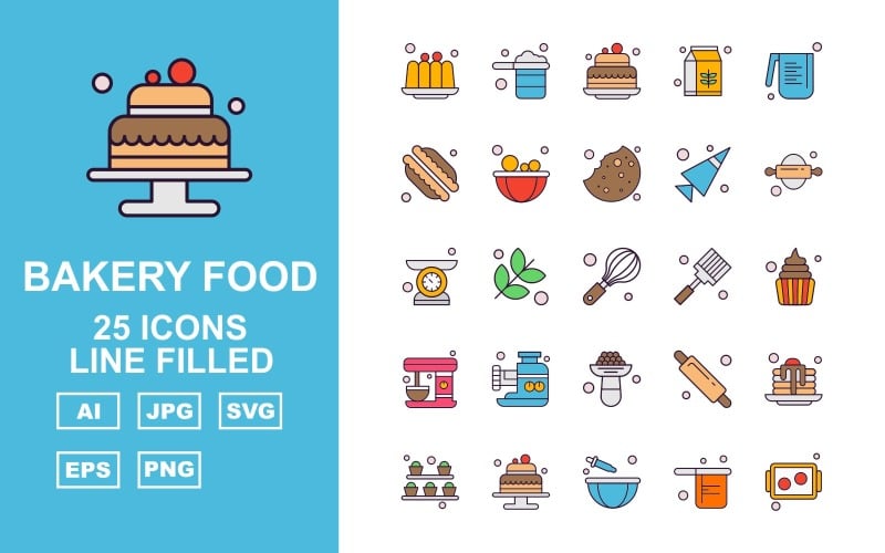 Download Набор иконок "25 Premium Bakery Food Line Filled Icon Pack Set" / 25 Premium Bakery Food Line Filled Icon Pack Set - Набор иконок на тему food cake,flower,rolling,pie,beater,pan,tray,pancake,milkpak,water jug,baguette,bowl,biscuit,cone,weighing machine,whisk,spatula,dessert,icon,icons