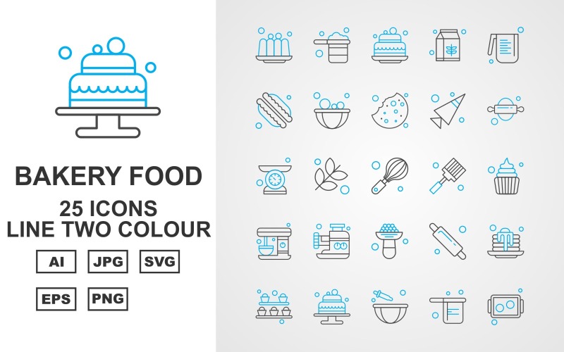 Download Набор иконок "25 Premium Bakery Food Line Two Color Icon Pack Set" / 25 Premium Bakery Food Line Two Color Icon Pack Set - Набор иконок на тему food cake,flower,rolling,pie,beater,pan,tray,pancake,milkpak,water jug,baguette,bowl,biscuit,cone,weighing machine,whisk,spatula,dessert,icon,icons