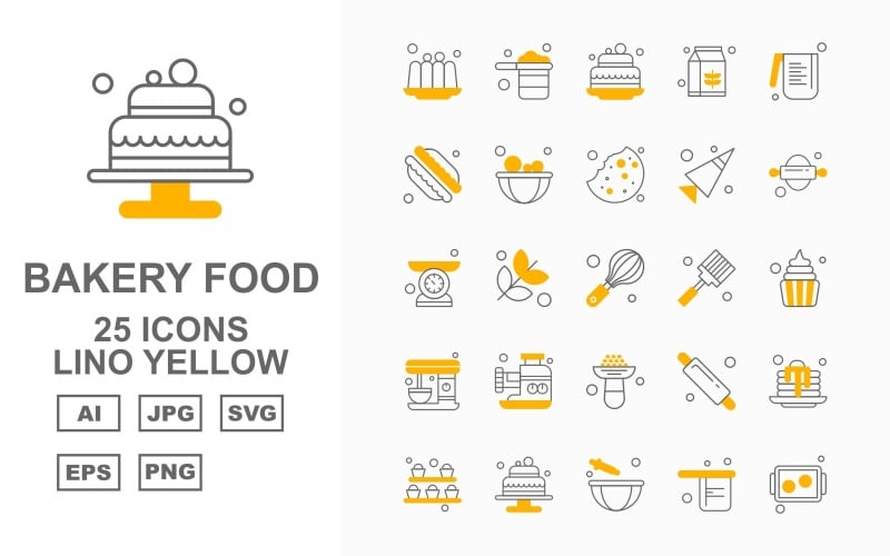 Download Набор иконок "25 Premium Bakery Food Lino Yellow Icon Pack Set" / 25 Premium Bakery Food Lino Yellow Icon Pack Set - Набор иконок на тему food cake,flower,rolling,pie,beater,pan,tray,pancake,milkpak,water jug,baguette,bowl,biscuit,cone,weighing machine,whisk,spatula,dessert,icon,icons