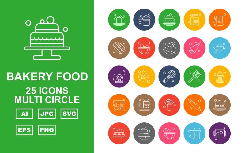 Download Набор иконок "25 Premium Bakery Food Multi Circle Icon Pack Set" / 25 Premium Bakery Food Multi Circle Icon Pack Set - Набор иконок на тему food cake,flower,rolling,pie,beater,pan,tray,pancake,milkpak,water jug,baguette,bowl,biscuit,cone,weighing machine,whisk,spatula,dessert,icon,icons