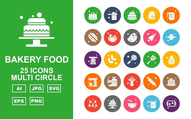 Download Набор иконок "25 Premium Bakery Food Multi Circle Icon Pack Set" / 25 Premium Bakery Food Multi Circle Icon Pack Set - Набор иконок на тему food cake,flower,rolling,pie,beater,pan,tray,pancake,milkpak,water jug,baguette,bowl,biscuit,cone,weighing machine,whisk,spatula,dessert,icon,icons