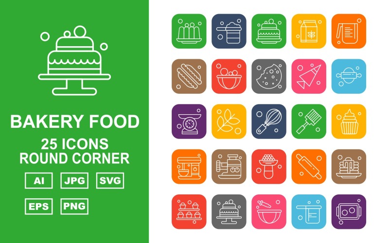 Download Набор иконок "25 Premium Bakery Food Round Corner Icon Pack Set" / 25 Premium Bakery Food Round Corner Icon Pack Set - Набор иконок на тему food cake,flower,rolling,pie,beater,pan,tray,pancake,milkpak,water jug,baguette,bowl,biscuit,cone,weighing machine,whisk,spatula,dessert,icon,icons