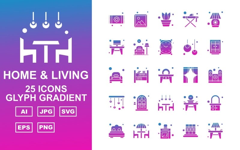 25 Premium Home and Living Glyph Gradient Icon Pack Set