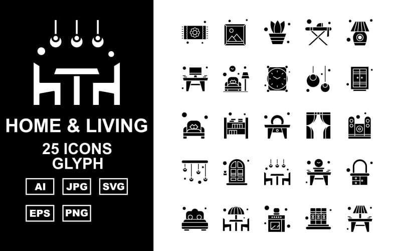 Download Набор иконок "25 Premium Home And Living Glyph Icon Pack Set" / 25 Premium Home And Living Glyph Icon Pack Set - Набор иконок на тему city carpet,bookshelf,table,dresser,bedroom,dinner,kitchen,book,lamp,image,pot,lump,clock,bulb,window,couch,speaker,chandeliers,door,icon