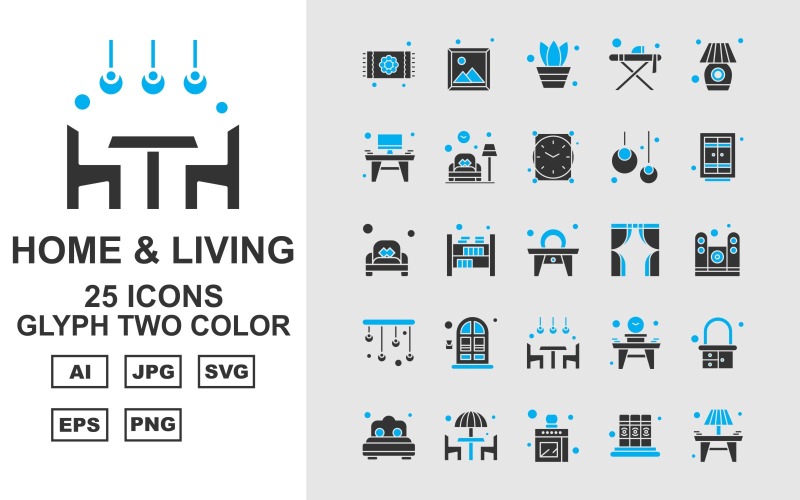 Download Набор иконок "25 Premium Home And Living Glyph Two Color Icon Pack Set" / 25 Premium Home And Living Glyph Two Color Icon Pack Set - Набор иконок на тему city carpet,bookshelf,table,dresser,bedroom,dinner,kitchen,book,lamp,image,pot,lump,clock,bulb,window,couch,speaker,chandeliers,icon,icons