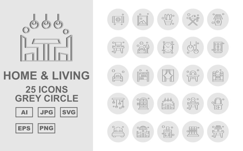 25 Premium Home and Living Gray Circle Icon Pack Set