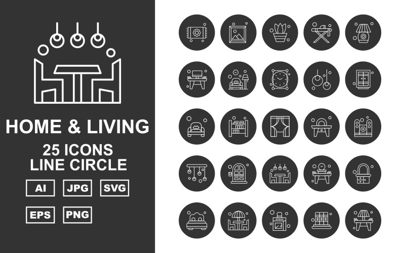 Download Набор иконок "25 Premium Home And Living Line Circle Icon Pack Set" / 25 Premium Home And Living Line Circle Icon Pack Set - Набор иконок на тему city carpet,bookshelf,table,dresser,bedroom,dinner,kitchen,book,lamp,image,pot,lump,clock,bulb,window,couch,speaker,chandeliers,icon,icons