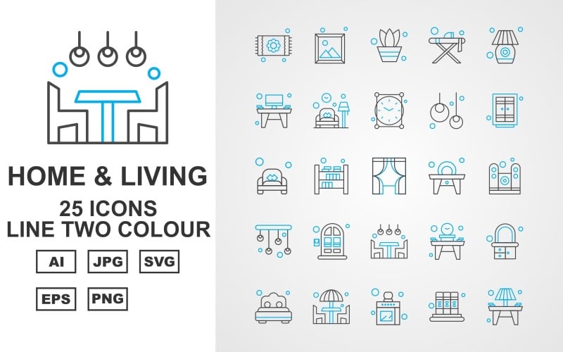 Download Набор иконок "25 Premium Home And Living Line Two Color Icon Pack Set" / 25 Premium Home And Living Line Two Color Icon Pack Set - Набор иконок на тему city carpet,bookshelf,table,dresser,bedroom,dinner,kitchen,book,lamp,image,pot,lump,clock,bulb,window,couch,speaker,chandeliers,icon,icons
