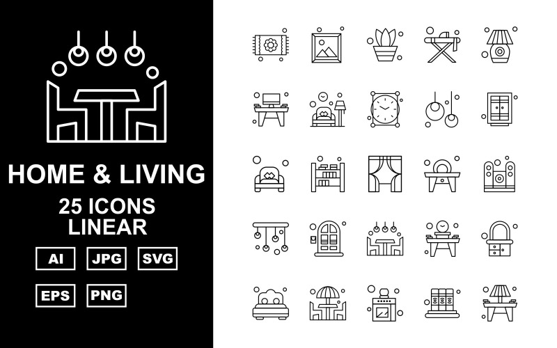 Download Набор иконок "25 Premium Home And Living Linear Icon Pack Set" / 25 Premium Home And Living Linear Icon Pack Set - Набор иконок на тему city carpet,bookshelf,table,dresser,bedroom,dinner,kitchen,book,lamp,image,pot,lump,clock,bulb,window,couch,speaker,chandeliers,icon,icons