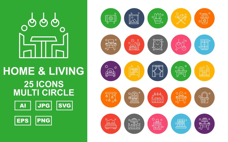 Download Набор иконок "25 Premium Home And Living Multi Circle Icon Pack Set" / 25 Premium Home And Living Multi Circle Icon Pack Set - Набор иконок на тему city carpet,bookshelf,table,dresser,bedroom,dinner,kitchen,book,lamp,image,pot,lump,clock,bulb,window,couch,speaker,chandeliers,icon,icons