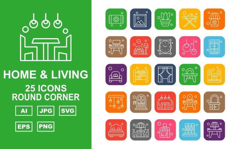 Download Набор иконок "25 Premium Home And Living Round Corner Icon Pack Set" / 25 Premium Home And Living Round Corner Icon Pack Set - Набор иконок на тему city carpet,bookshelf,table,dresser,bedroom,dinner,kitchen,book,lamp,image,pot,lump,clock,bulb,window,couch,speaker,chandeliers,icons,icon