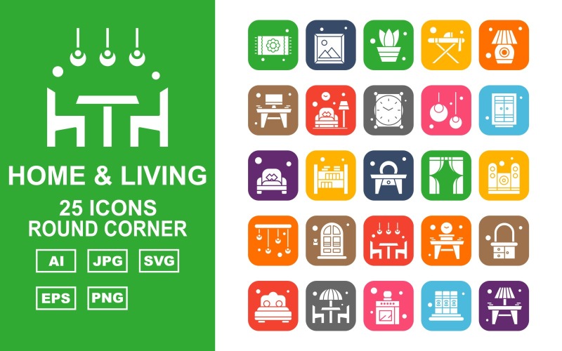 Download Набор иконок "25 Premium Home And Living Round Corner Icon Pack Set" / 25 Premium Home And Living Round Corner Icon Pack Set - Набор иконок на тему city carpet,bookshelf,table,dresser,bedroom,dinner,kitchen,book,lamp,image,pot,lump,clock,bulb,window,couch,speaker,chandeliers,icon,icons