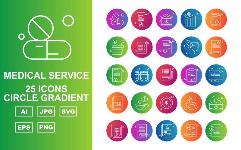 Download Набор иконок "25 Premium Medical Service Circle Gradient Icon Pack Set" / 25 Premium Medical Service Circle Gradient Icon Pack Set - Набор иконок на тему medical medical capsule,test tube,patient,reception,report,document,bar graph,home,chart,coin,telephone,rreport,notepad,lcd,donut,icon,icons