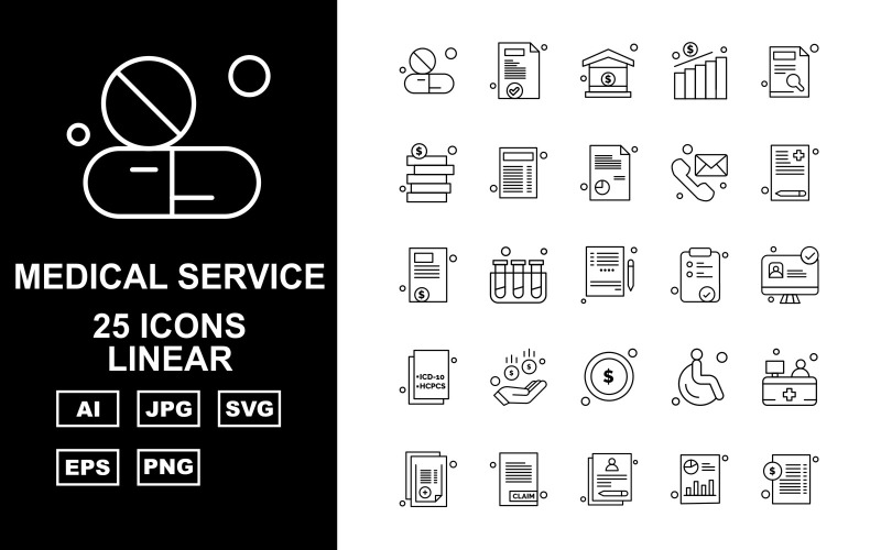 Download Набор иконок "25 Premium Medical Service Linear Icon Pack Set" / 25 Premium Medical Service Linear Icon Pack Set - Набор иконок на тему medical medical capsule,test tube,patient,reception,report,document,bar graph,home,chart,coin,telephone,rreport,notepad,lcd,donut,icon,icons