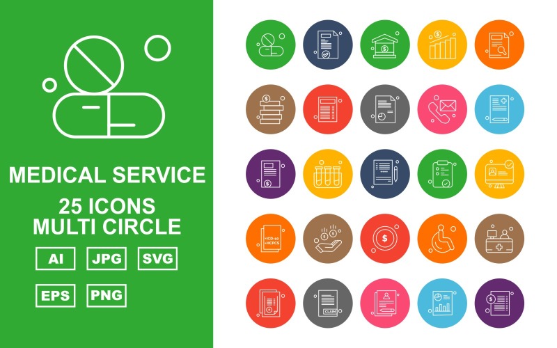 Download Набор иконок "25 Premium Medical Service Multi Circle Icon Pack Set" / 25 Premium Medical Service Multi Circle Icon Pack Set - Набор иконок на тему medical medical capsule,test tube,patient,reception,report,document,bar graph,home,chart,coin,telephone,notepad,lcd,donuts,icon,icons
