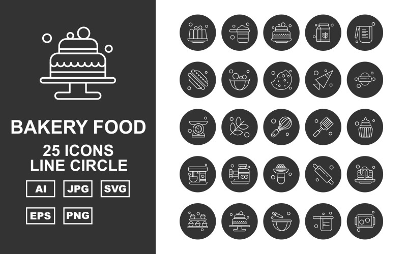 Sada 25 prémiových pekárenských potravin Line Circle Icon Pack