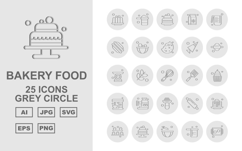 Sada ikon 25 prémiových pekárenských potravin šedý kruh Icon Pack