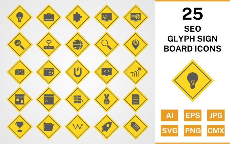 25 Seo Glyph cégtábla ikonkészlet