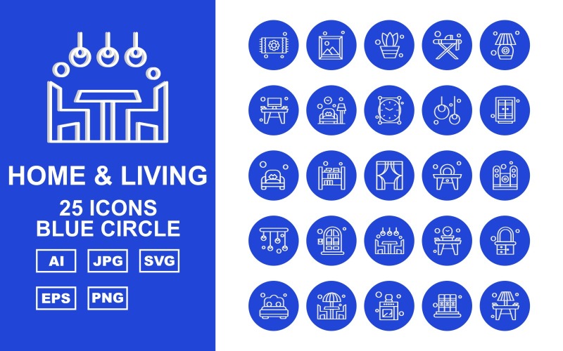 25 Set di icone Premium Home and Living Blue Circle
