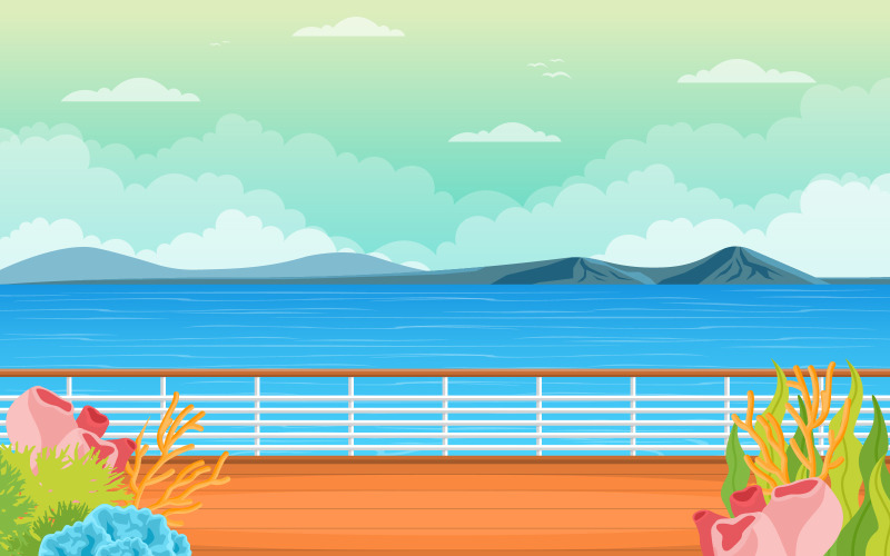 Download Иллюстрация "Ship Deck Landscape - Illustration" / Ship Deck Landscape - Illustration - Иллюстрация на тему графика ship,cruise,deck,vector,seagull,background,ocean,passenger,sea,style,summer,view,landscape,front,adventure,sailing,horizon,cloud,season,day