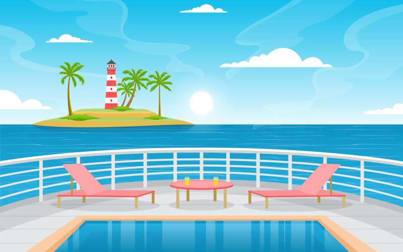 Download Иллюстрация "Ship Deck Pool - Illustration" / Ship Deck Pool - Illustration - Иллюстрация на тему графика ship,cruise,deck,vector,seagull,background,ocean,passenger,sea,style,summer,view,landscape,front,adventure,sailing,horizon,cloud,season,day