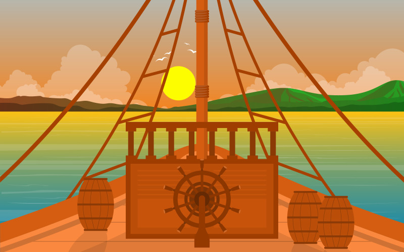 Download Иллюстрация "Ship Wheel View - Illustration" / Ship Wheel View - Illustration - Иллюстрация на тему графика ship,cruise,deck,vector,seagull,background,ocean,passenger,sea,style,summer,view,landscape,front,adventure,sailing,horizon,cloud,season,day