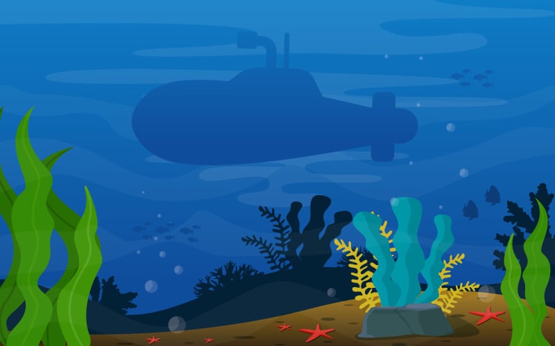Download Иллюстрация "Submarine Ocean Explore - Illustration" / Submarine Ocean Explore - Illustration - Иллюстрация на тему графика underwater,sea,ocean,undersea,fish,coral,vector,illustration,design,animal,flora,fauna,deep,marine,reef,water,blue,cave,seascape,exotic