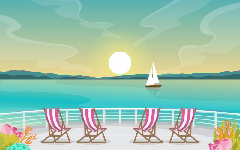 Download Иллюстрация "Sunrise Ocean View - Illustration" / Sunrise Ocean View - Illustration - Иллюстрация на тему графика ship,cruise,deck,vector,seagull,background,ocean,passenger,sea,style,summer,view,landscape,front,adventure,sailing,horizon,cloud,season,day