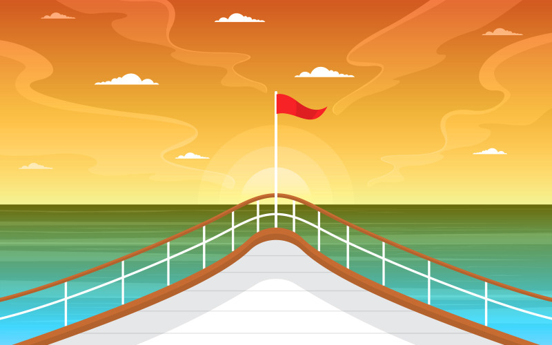 Download Иллюстрация "Sunset Ocean Landscape - Illustration" / Sunset Ocean Landscape - Illustration - Иллюстрация на тему графика ship,cruise,deck,vector,seagull,background,ocean,passenger,sea,style,summer,view,landscape,front,adventure,sailing,horizon,cloud,season,day