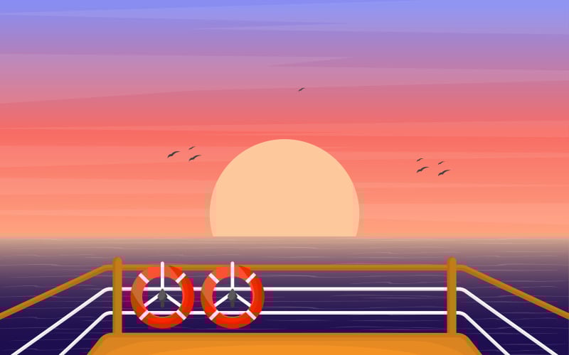 Download Иллюстрация "Sunset Ocean View - Illustration" / Sunset Ocean View - Illustration - Иллюстрация на тему графика ship,cruise,deck,vector,seagull,background,ocean,passenger,sea,style,summer,view,landscape,front,adventure,sailing,horizon,cloud,season,day