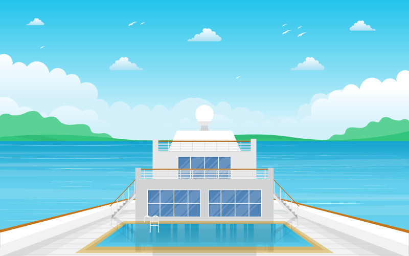 Download Иллюстрация "Swimming Pool on Cruise - Illustration" / Swimming Pool on Cruise - Illustration - Иллюстрация на тему графика ship,cruise,deck,vector,seagull,background,ocean,passenger,sea,style,summer,view,landscape,front,adventure,sailing,horizon,cloud,season,day