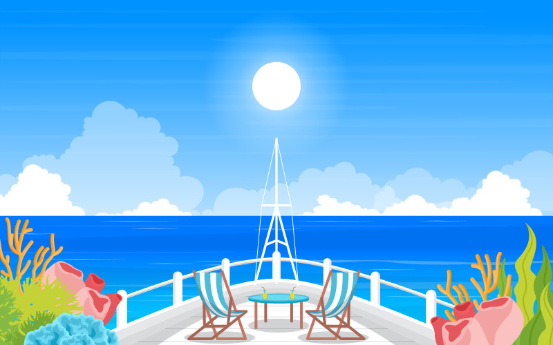 Download Иллюстрация "Table Chair Ship Deck - Illustration" / Table Chair Ship Deck - Illustration - Иллюстрация на тему графика ship,cruise,deck,vector,seagull,background,ocean,passenger,sea,style,summer,view,landscape,front,adventure,sailing,horizon,cloud,season,day