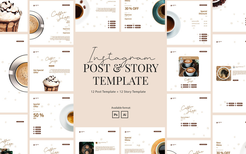 Download Шаблон для соцсетей "Coffee Shop Instagram Post and Story Template for Social Media" / Coffee Shop Instagram Post and Story Template for Social Media - Шаблон для соцсетей на тему графика cafe,coffee shop,food instagram,coffee store,instagram for restaurant,coffee,beverages,cappuccino,late,espresson,business,food,lifestyle,minimalist,modern,elegant,simple,creative,template,ins