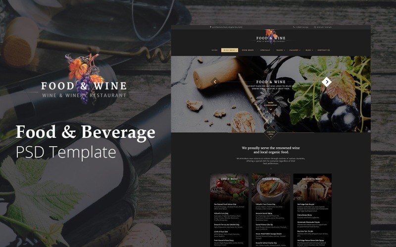 FoodWine-食品和饮料网站设计免费PSD模板