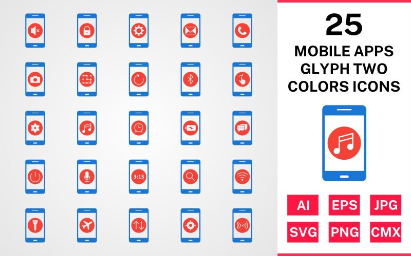 25 aplicaciones móviles glifo conjunto de iconos de dos colores