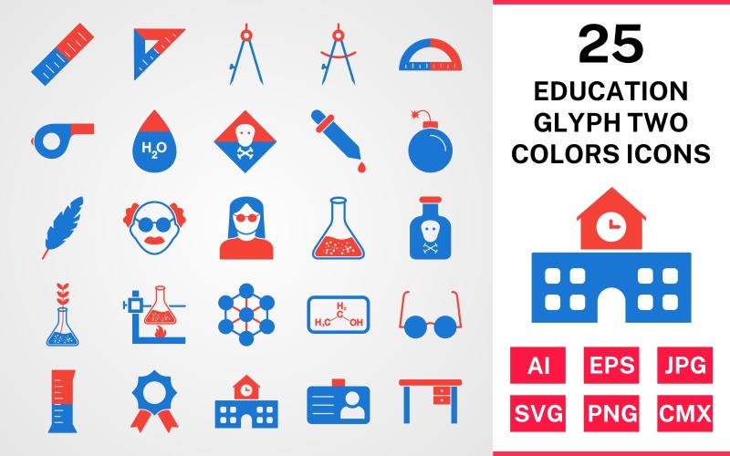 Conjunto de iconos de dos colores de glifo de educación 25