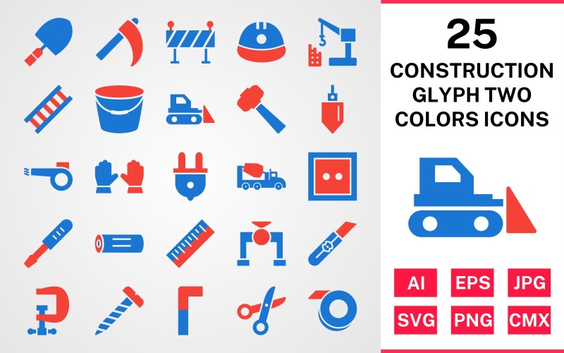 Download Набор иконок "25 Construction Glyph Two Colors Icon Set" / 25 Construction Glyph Two Colors Icon Set - Набор иконок на тему industrial set,file,icon,icons,glyph,vector,sign,symbol,pictogram,two,colors,construction,trowel,ladder,bucket,vise,ruler,helmet,hammer,bulldozer