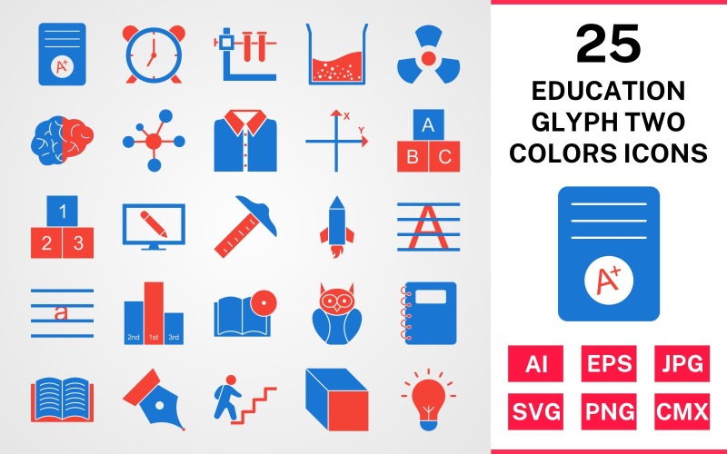 Download Набор иконок "25 Education Glyph Two Colors Icon Set" / 25 Education Glyph Two Colors Icon Set - Набор иконок на тему science set,file,icon,icons,glyph,vector,sign,symbol,pictogram,two,colors,education,brain,cube,book dvd,open book,electron,alarm,notepad,radiation