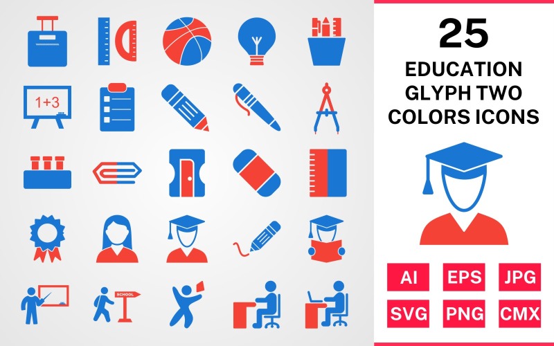 Download Набор иконок "25 Education Glyph Two Colors Icon Set" / 25 Education Glyph Two Colors Icon Set - Набор иконок на тему science set,file,icon,icons,glyph,vector,sign,symbol,pictogram,two,colors,education,bag,writing,teaching,reading,pen,pin,degree,compass