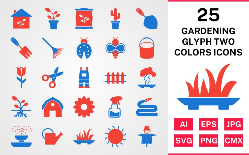 Download Набор иконок "25 Gardening Glyph Two Colors Icon Set" / 25 Gardening Glyph Two Colors Icon Set - Набор иконок на тему nature set,file,icon,icons,glyph,vector,sign,symbol,pictogram,two,colors,gardening,sprout,pail,hose,barn,root,grass,watercan,trowel