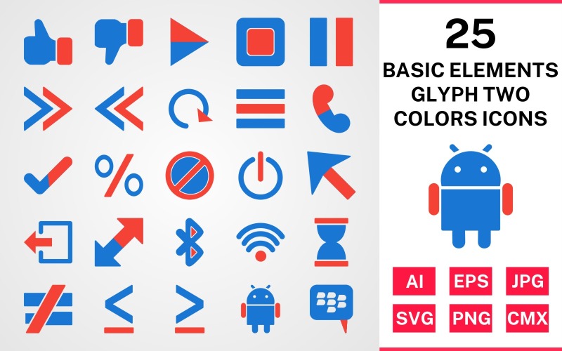 25 grundläggande element Glyph två färger Ikonuppsättning