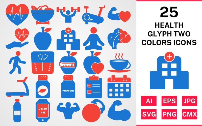 Download Набор иконок "25 Health Glyph Two Colors Icon Set" / 25 Health Glyph Two Colors Icon Set - Набор иконок на тему food set,file,icon,icons,glyph,vector,sign,symbol,pictogram,two,colors,health,yoga,salad,heart beat,walking,body,hospital,apple,healthy food