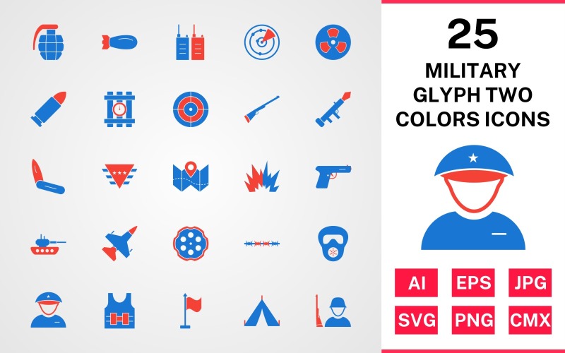 Download Набор иконок "25 Military Glyph Two Colors Icon Set" / 25 Military Glyph Two Colors Icon Set - Набор иконок на тему military set,file,icon,icons,glyph,vector,sign,symbol,pictogram,two,colors,military,bullet,target,grenade,jet,tent,gun,blast,radar