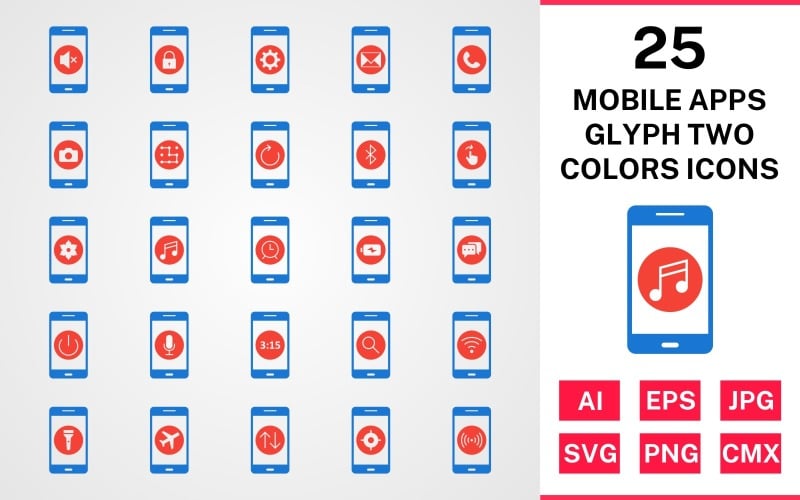 Download Набор иконок "25 Mobile Apps Glyph Two Colors Icon Set" / 25 Mobile Apps Glyph Two Colors Icon Set - Набор иконок на тему music set,file,icon,icons,glyph,vector,sign,symbol,pictogram,two,colors,mobile apps,power off,music,camera,call,lock,silent,alarm,hotspot