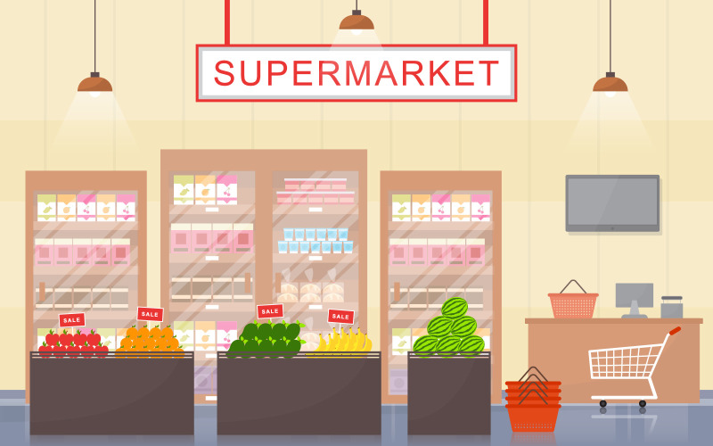 Modern kiskereskedelmi élelmiszerbolt - illusztráció