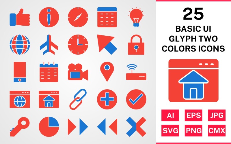 25 Podstawowy zestaw ikon glifów interfejsu użytkownika w dwóch kolorach