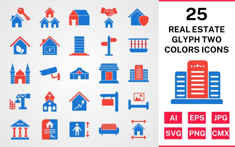 Download Набор иконок "25 Real Estate Glyph Two Colors Icon Set" / 25 Real Estate Glyph Two Colors Icon Set - Набор иконок на тему city set,file,icon,icons,glyph,vector,sign,symbol,pictogram,two,colors,real estate,mosque,church,balcony,mansion,eco house,lift,yurt,bank
